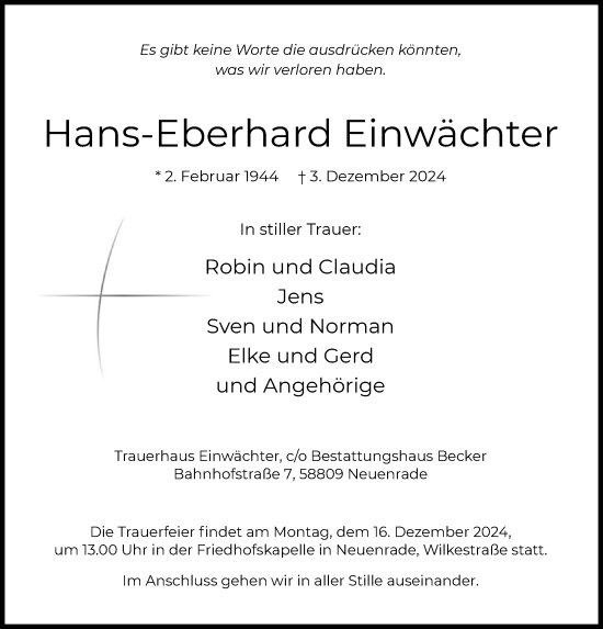 Todesanzeige von Hans-Eberhard Einwächter von WA