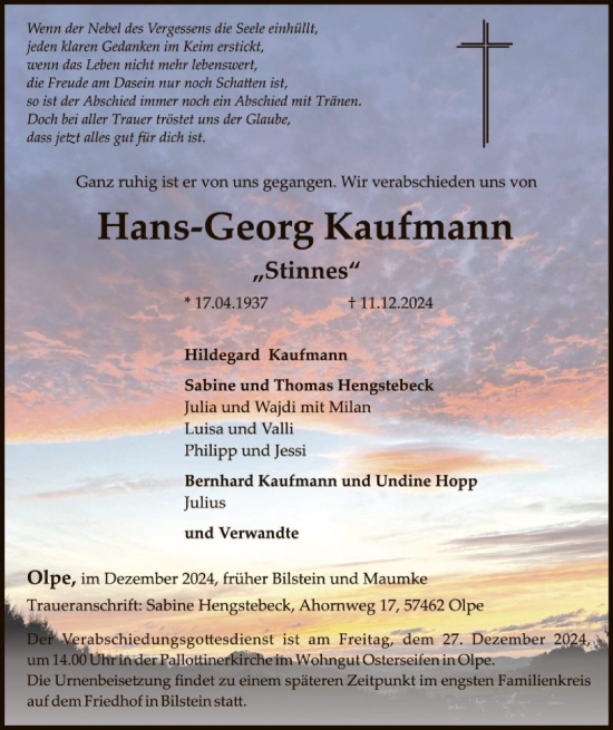 Todesanzeige von Hans-Georg Kaufmann von WA