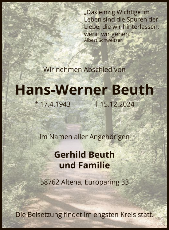 Todesanzeige von Hans-Werner Beuth von WA