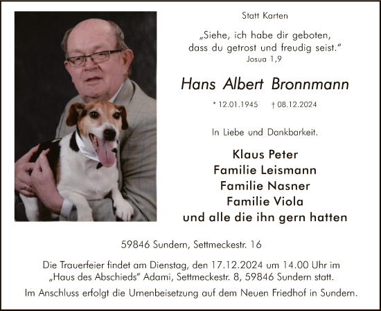 Todesanzeige von Hans Albert Bronnmann von WA