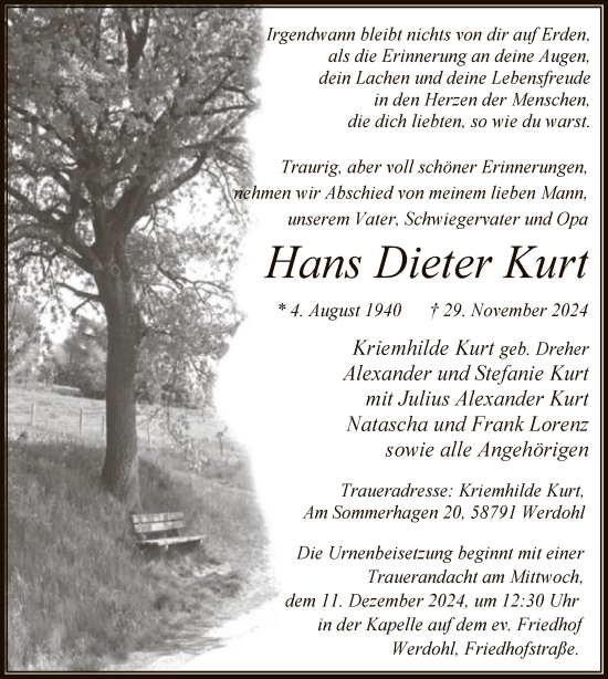 Todesanzeige von Hans Dieter Kurt von WA