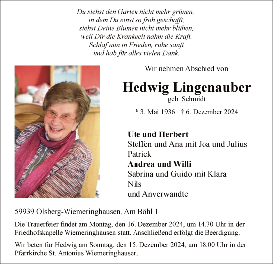 Todesanzeige von Hedwig Lingenauber von WA