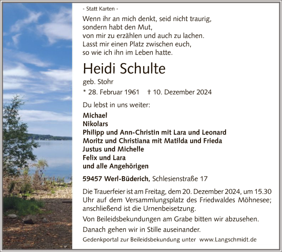 Todesanzeige von Heidi Schulte von WA