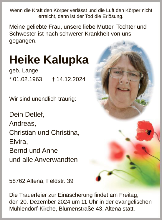 Todesanzeige von Heike Kalupka von WA