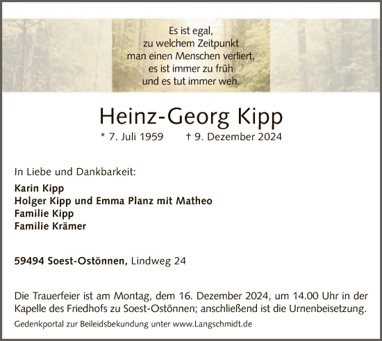 Todesanzeige von Heinz-Georg Kipp von WA