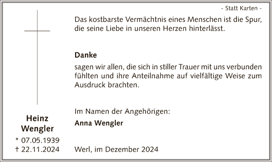 Todesanzeige von Heinz Wengler von WA