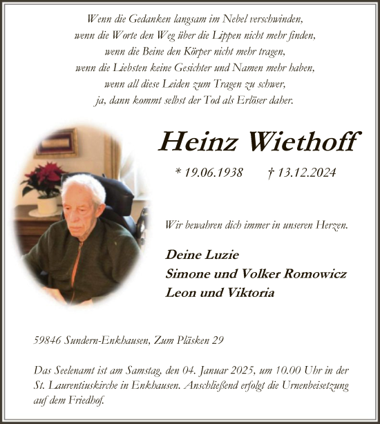 Todesanzeige von Heinz Wiethoff von WA