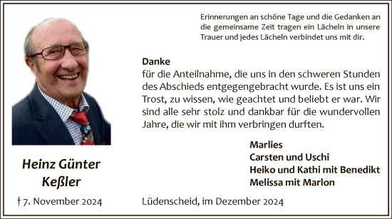 Todesanzeige von Heinz Günter Keßler von WA
