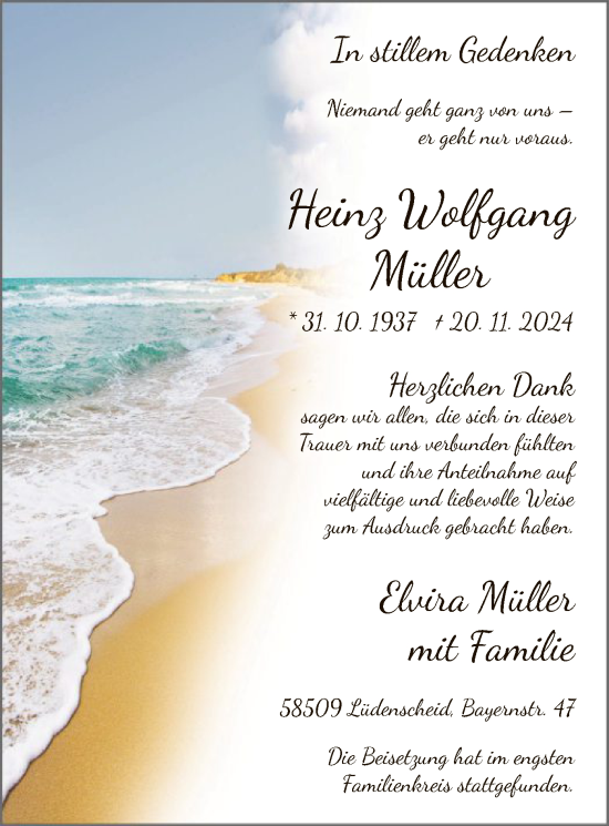 Todesanzeige von Heinz Wolfgang Müller von WA