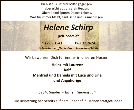 Todesanzeige von Helene Schirp von WA