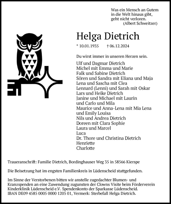 Todesanzeige von Helga Dietrich von WA