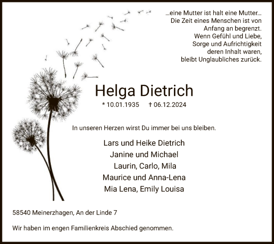 Todesanzeige von Helga Dietrich von WA