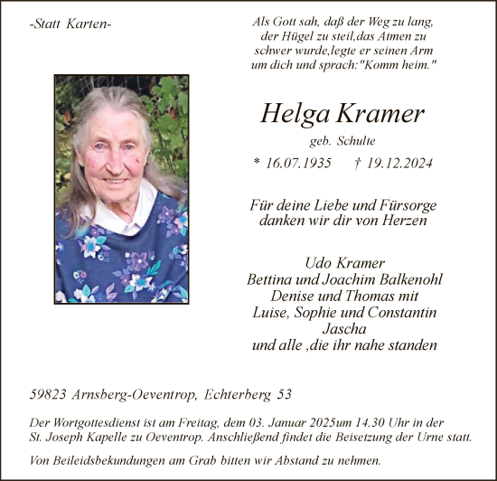 Todesanzeige von Helga Kramer von WA