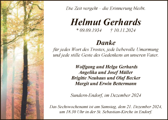 Todesanzeige von Helmut Gerhards von WA