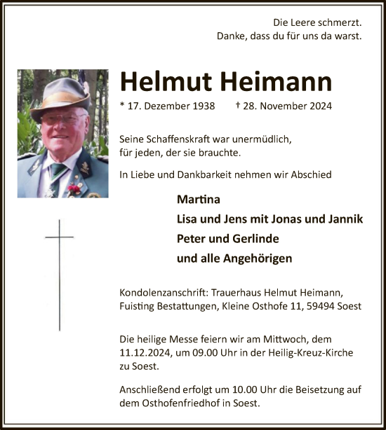 Todesanzeige von Helmut Heimann von WA