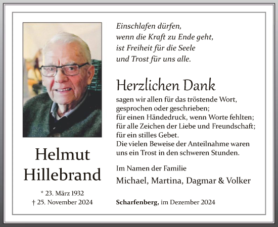 Todesanzeige von Helmut Hillebrand von WA