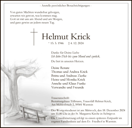 Todesanzeige von Helmut Krick von WA