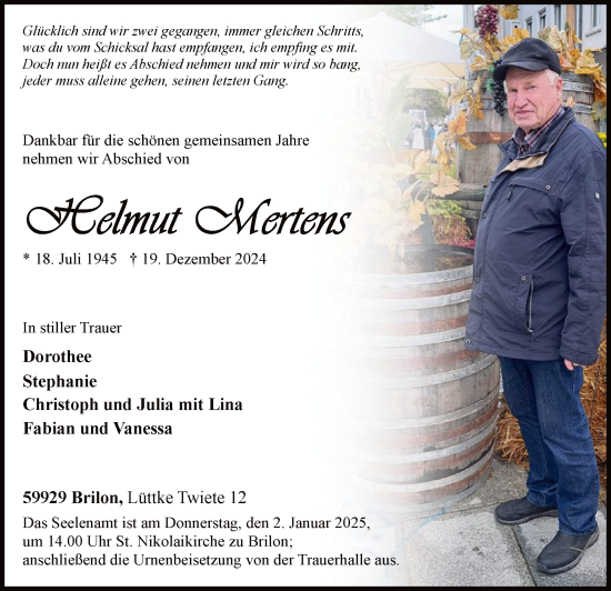 Todesanzeige von Helmut Mertens von WA