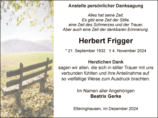 Todesanzeige von Herbert Frigger von WA