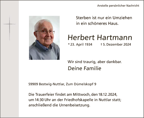 Todesanzeige von Herbert Hartmann von WA