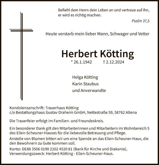 Todesanzeige von Herbert Kötting von WA
