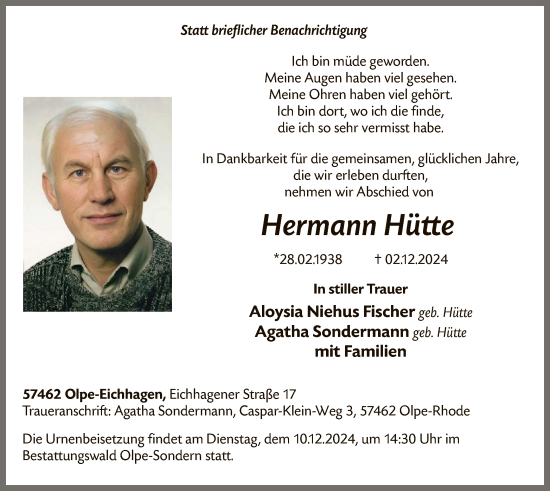 Todesanzeige von Hermann Hütte von WA
