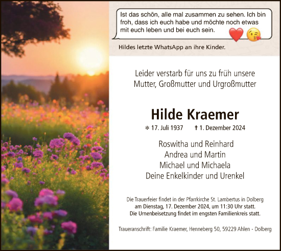 Todesanzeige von Hilde Kraemer von WA