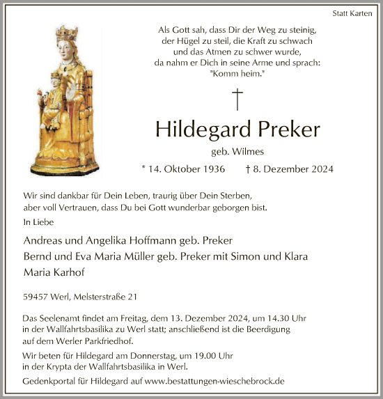 Todesanzeige von Hildegard Preker von WA