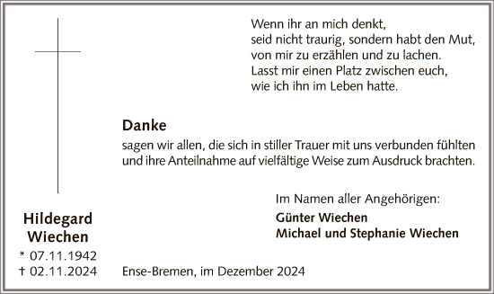 Todesanzeige von Hildegard Wiechen von WA
