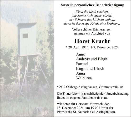 Todesanzeige von Horst Kracht von WA