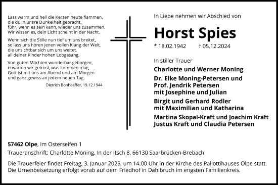 Todesanzeige von Horst Spies von WA