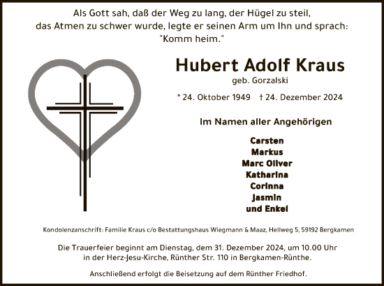 Todesanzeige von Hubert Adolf Kraus von WA