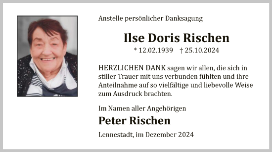 Todesanzeige von Ilse Doris Rischen von WA