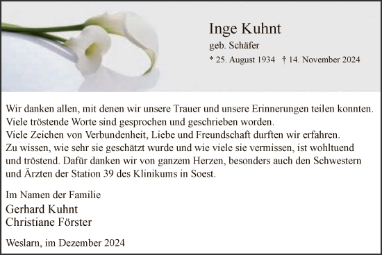 Todesanzeige von Inge Kuhnt von WA