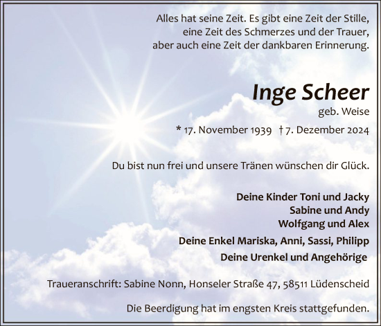 Todesanzeige von Inge Scheer von WA