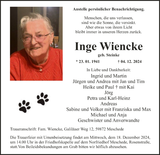 Todesanzeige von Inge Wiencke von WA