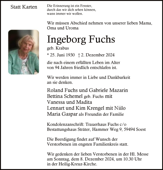 Todesanzeige von Ingeborg Fuchs von WA