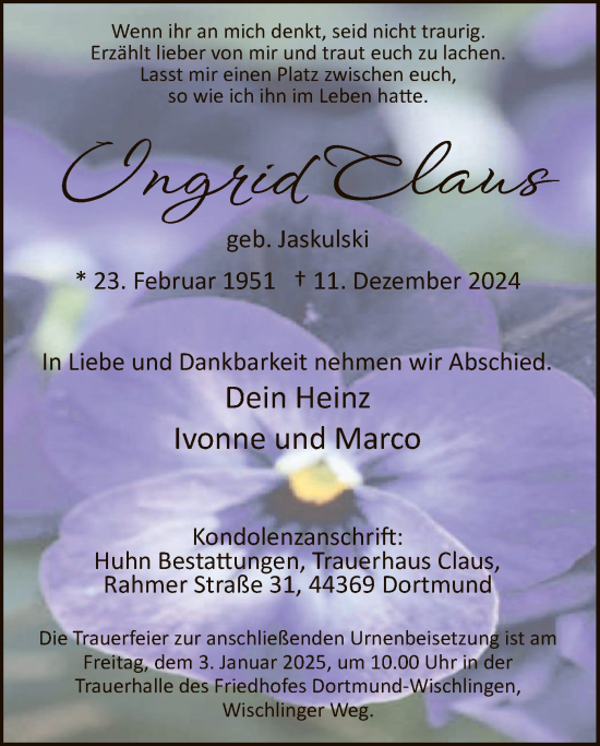 Todesanzeige von Ingrid Claus von WA