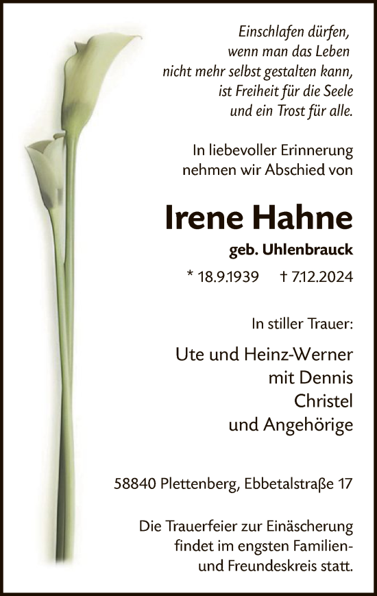 Todesanzeige von Irene Hahne von WA