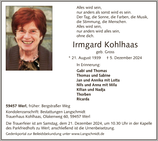 Todesanzeige von Irmgard Kohlhaas von WA