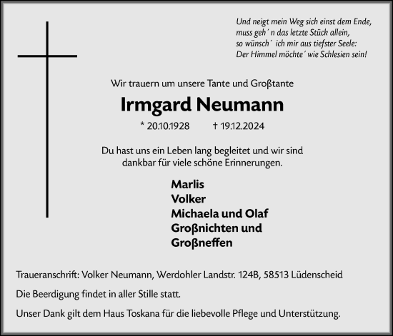 Todesanzeige von Irmgard Neumann von WA
