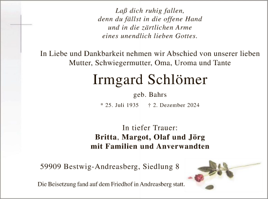 Todesanzeige von Irmgard Schlömer von WA