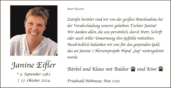 Todesanzeige von Janine Eifler von WA