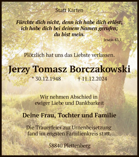 Todesanzeige von Jerzy Tomasz Borczakowski von WA