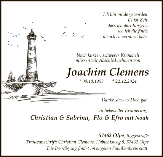 Todesanzeige von Joachim Clemens von WA