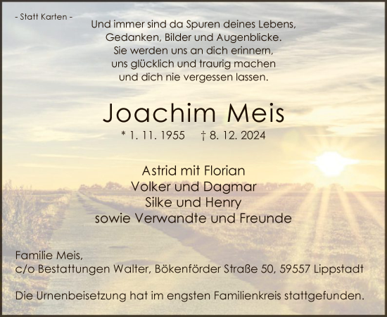 Todesanzeige von Joachim Meis von WA