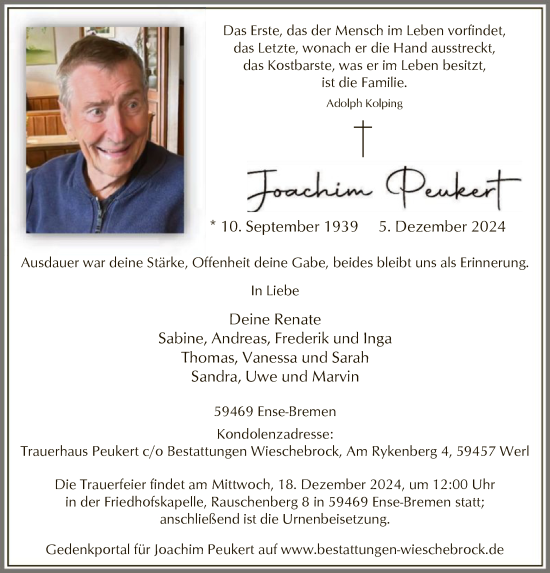 Todesanzeige von Joachim Peukert von WA