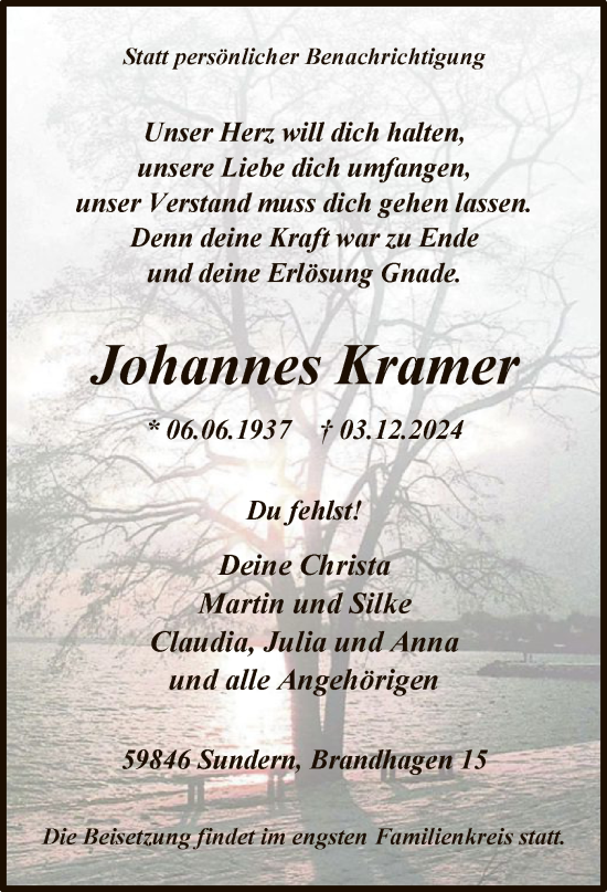 Todesanzeige von Johannes Kramer von WA