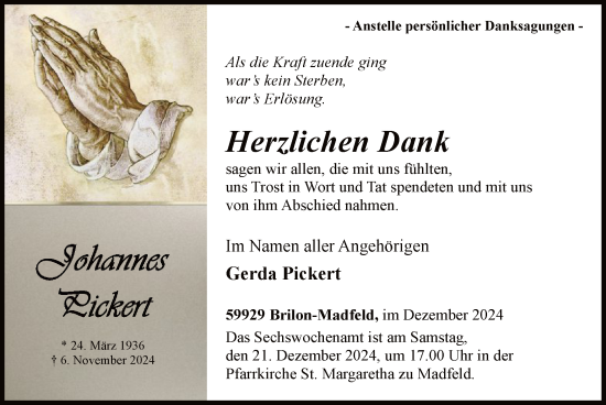 Todesanzeige von Johannes Pickert von WA