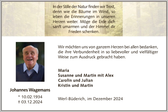 Todesanzeige von Johannes Wagemans von WA